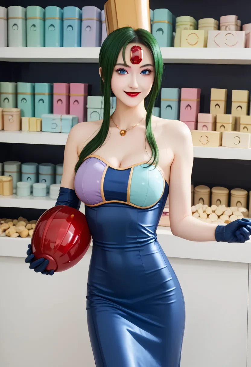 score_9,score_8_up  ,score_7_up  ,very beautiful and cute lady,    Masterpiece,    Hi-Res,   raw photo, , realistic photo ,,1 girl, , slim , ,   green hair,  white skin , Red gem on forehead, ,  red lipstick,   eyeshadow , very huge breasts,  blue eyes,   ...