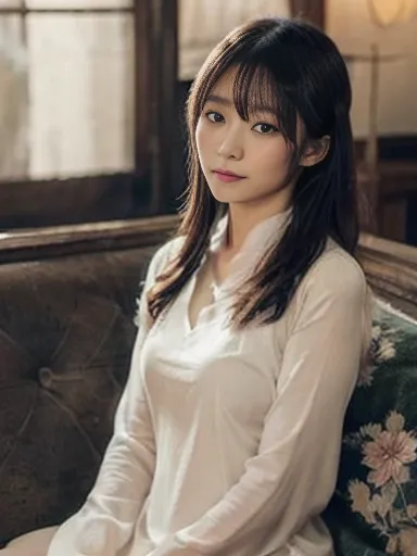 Yuko Ichihara, mysterious cursed artifacts, lazily sitting, sofa, haze, unique atmosphere, ((masterpiece)), ((best quality)), (ultra-detailed), ((beautiful eyes)), Japanese female, (slender:1.3), ((30 years old)), beautiful, (flat chest:1.0),