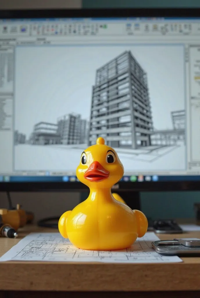 photo of duck sitting in front of computer designing steel structure design factory drawing , both funny and related to engineering work. The yellow duck looks funny, computer screen showing steel structure for high-rise building