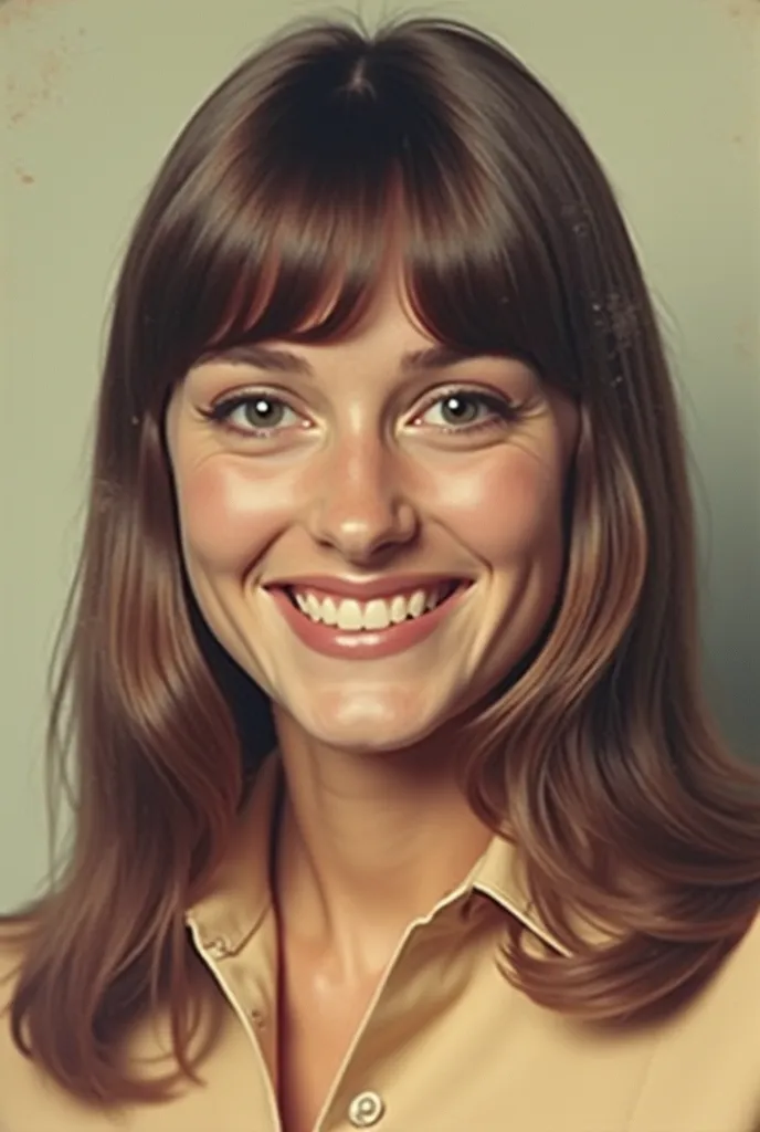 A vintage 1970s color passport-style photograph of a young woman with brunette hair and bangs, facing directly at the camera. She has a bright, friendly smile and her hair is styled in a typical 1970s fashion with a soft fringe. She is dressed in a simple,...