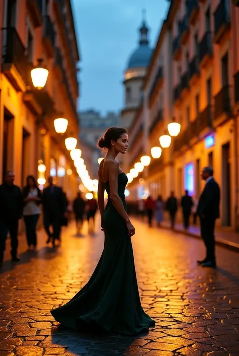 Place the person in the photo alone in an open spot on Spain's famous streets at night wearing ordinary dresses for evening dates in the city