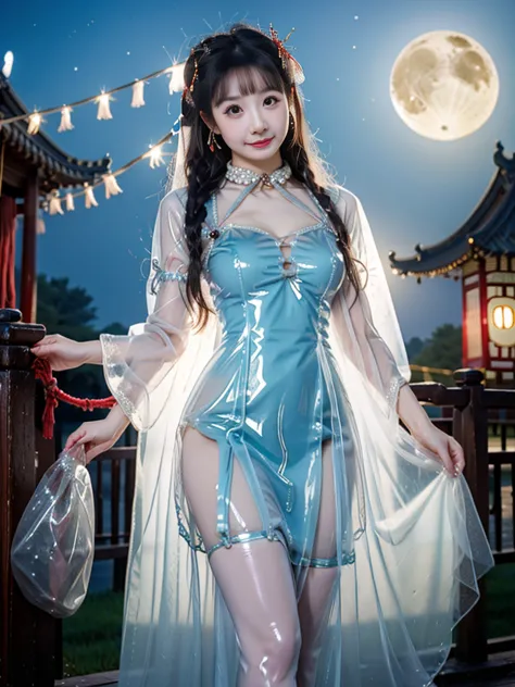 1 girl,Precise、perfect face shape:1.3,beautiful five fingers, small breasts,Small eyes,chinese clothes, Hanfu, reverse exchange,(Siamese Style Translucent Latex Dress)，(On clothes，There's a pearl ),Sparkling Silver Long Hair Princess Aged 19 Tall 167 Propo...