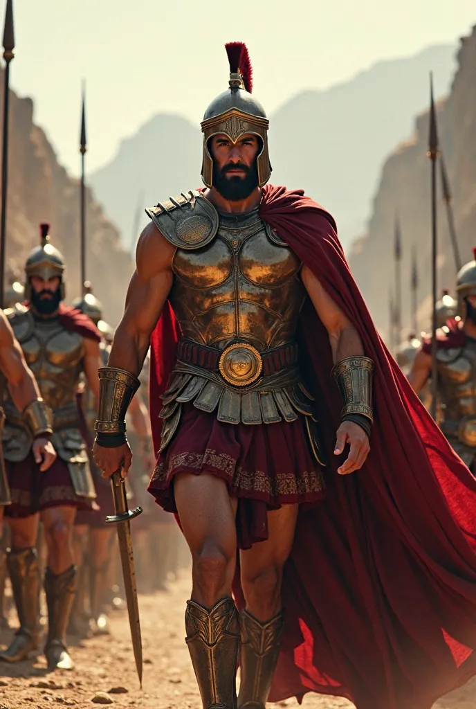 King Leonidas of Sparta, walking among soldiers and showing confidence and being feared by everyone