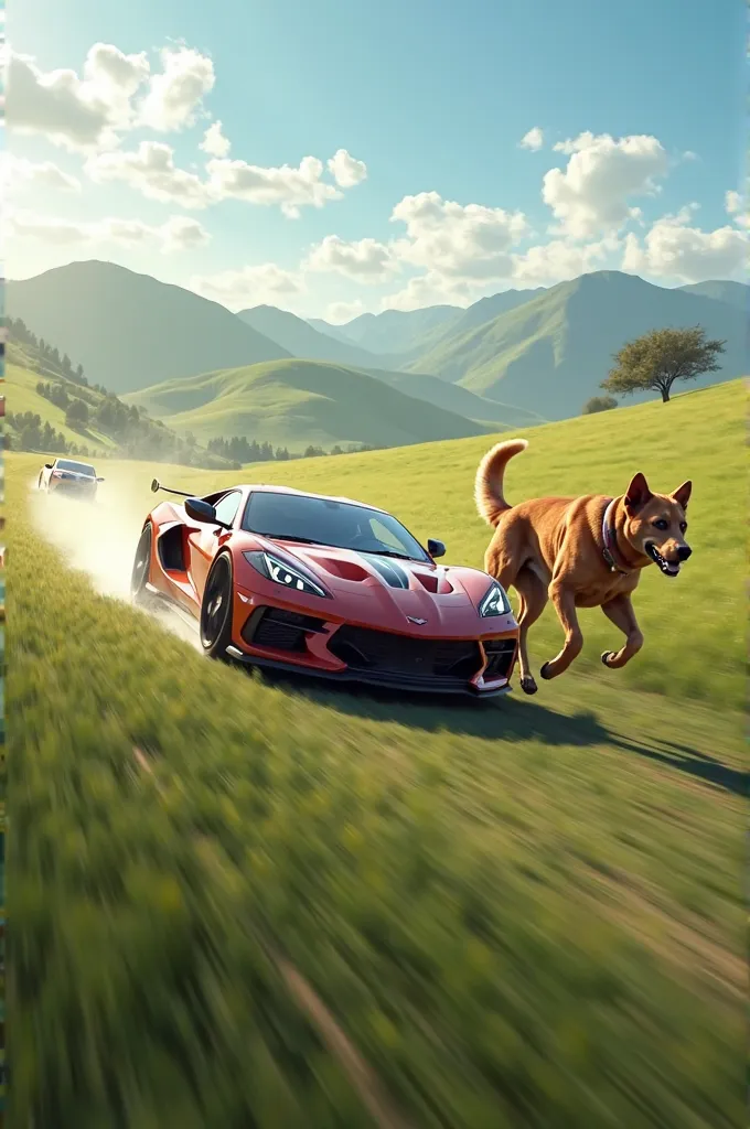 A dog and a car running in the field with a race competition 