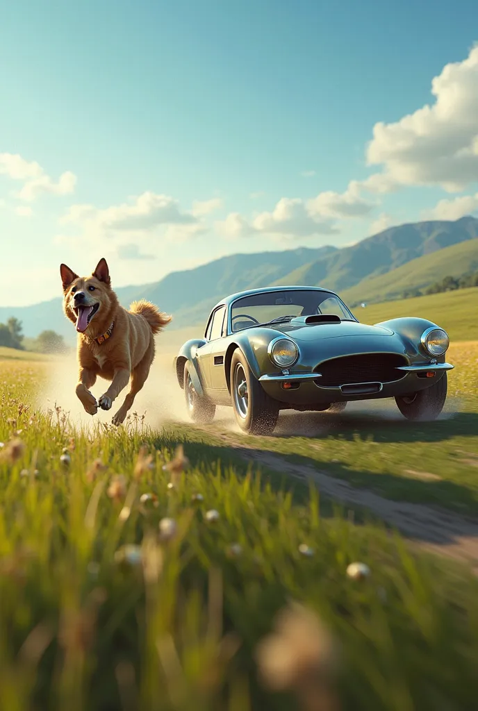 A dog and a car running in the field with a race competition 