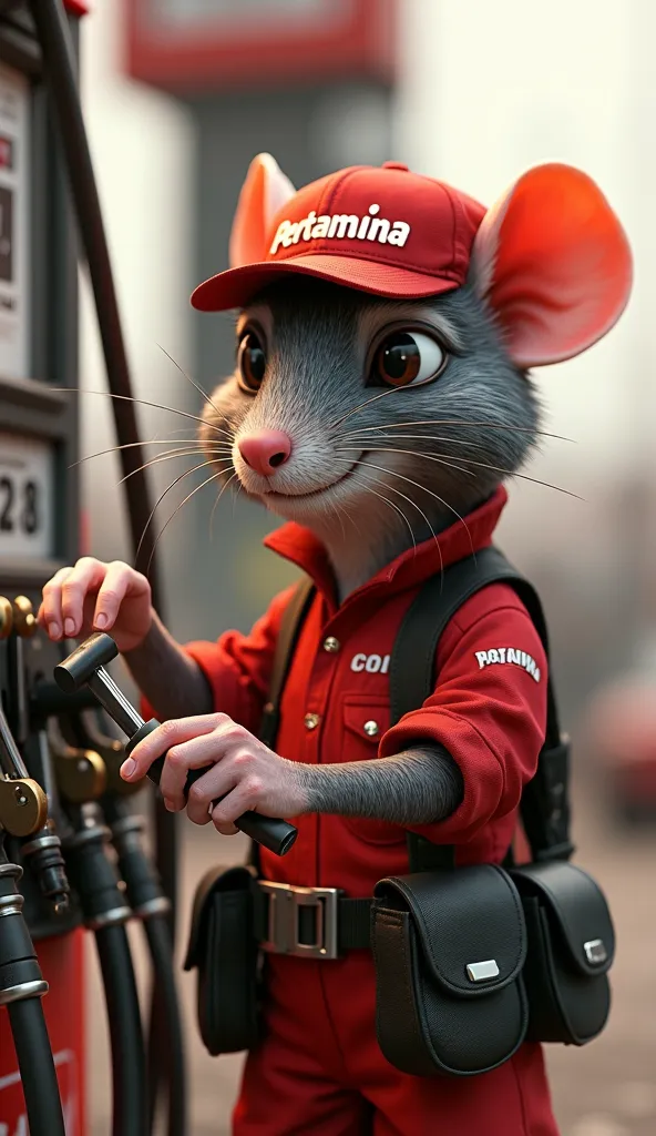 A focused anthro rat in a red Pertamina uniform organizes tools near a gas pump, red cap with white "Pertamina" text secured firmly. The 3D Pixar art style emphasizes the character’s fur texture, subtle wrinkles in the uniform, and the gleam of the utility...