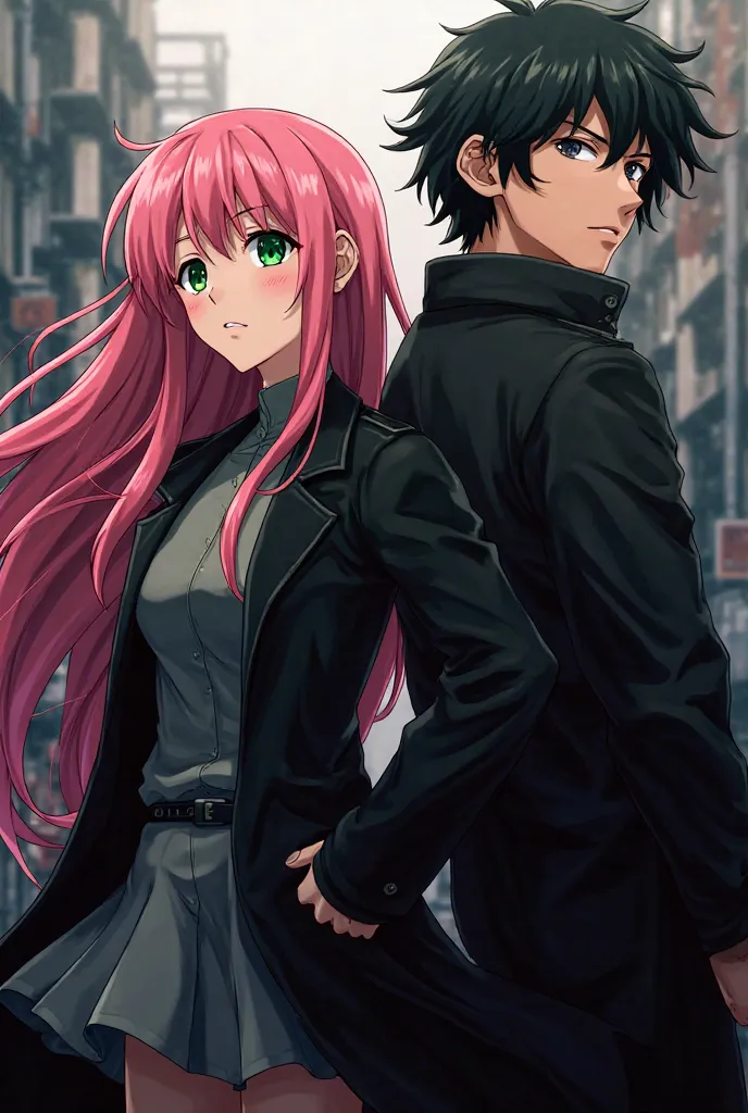  Tokyo Avengers anime is a girl with long curly pink hair and green eyes wearing a black Toman coat. Next to her is Hanagaki Takemichi, an anime character from Tokyo Avengers 