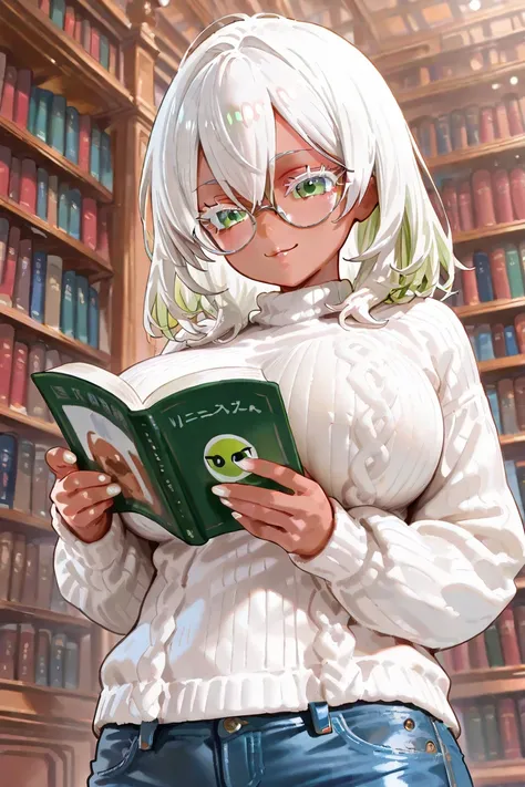    high quality, high detail, 4K,最high quality,1 girl ,upper body,cute_face,happy(  high quality,white_ medium haiR, white_haiR between eyes), ((white_ eyelashes,white_Nail,white_round glasses from below､green_eye,high image quality _eye,)),( DaRk Skin, sh...