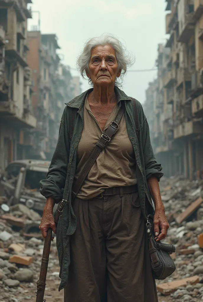 A very strong human grandmother and in the background a destroyed city 