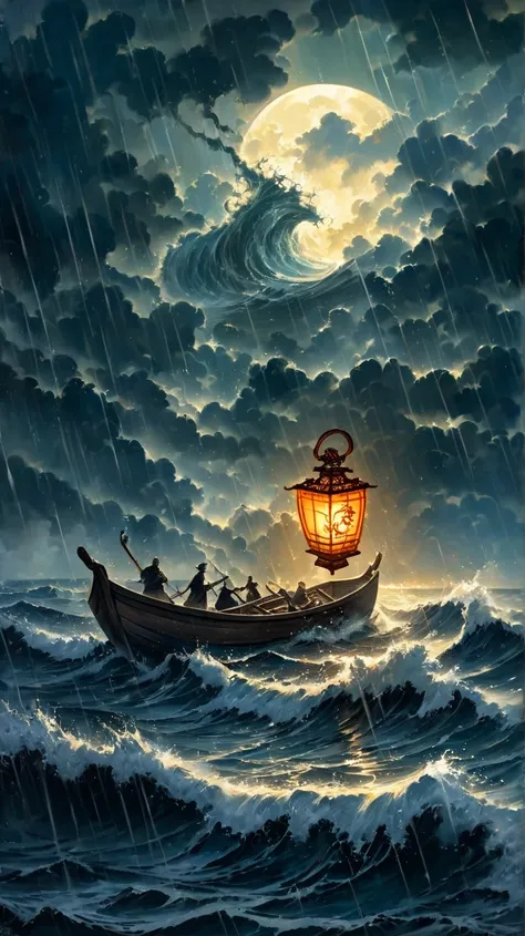 "Master piece, Ultra detailed, Best quality, A breathtaking digital painting in the style of ancient Chinese ink wash art, depicting a lone wooden boat struggling against a raging storm on a vast, dark ocean under a midnight sky. Towering waves crash viole...