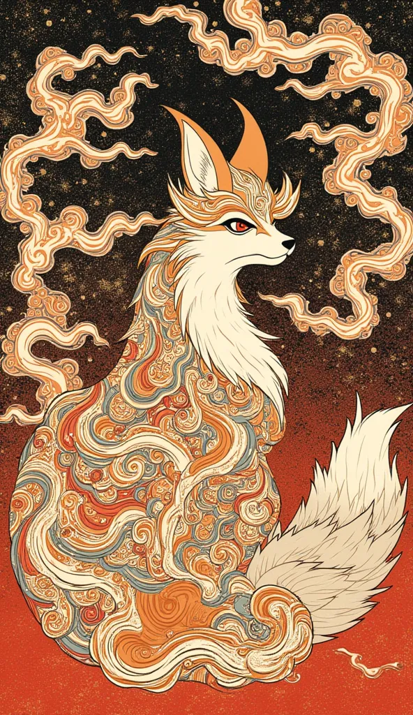 a Ukiyo-e representation of a fox god. It has the Japanese motif of a curly cloud that swirls on its body.