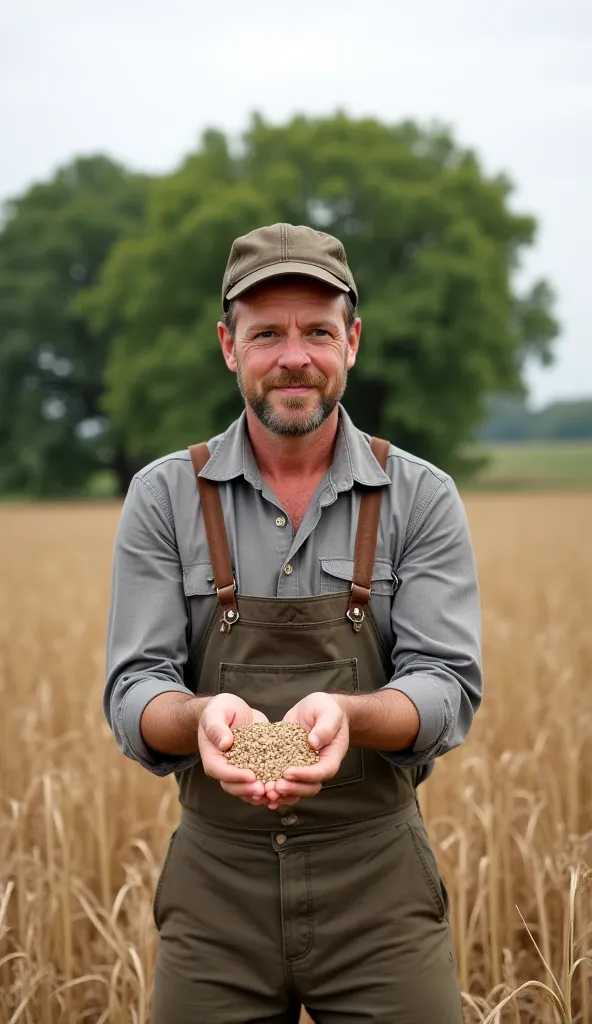 The same farmer, standing at the edge of his field, holding seeds in his calloused hands. His expression is determined, and the field appears dry but full of hope. Green trees stand in the background.
