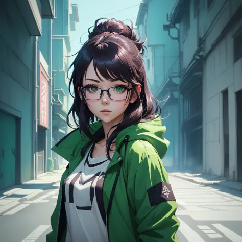 anime girl with glasses and green jacket standing in front of a green screen, anime style mixed with fujifilm, anime style. 8k, anime style 4 k, lofi artstyle, lofi portrait, demon slayer rui fanart, inspired by Liam Wong, 2 d anime style, anime artstyle, ...