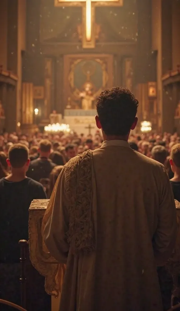 mark wahlberg, standing at altar, He faces the congregation. His voice echoes through the room as he speaks with faith and purpose.  The camera focuses on your face, who expresses deep peace and trust, knowing that he has found his true mission. The church...