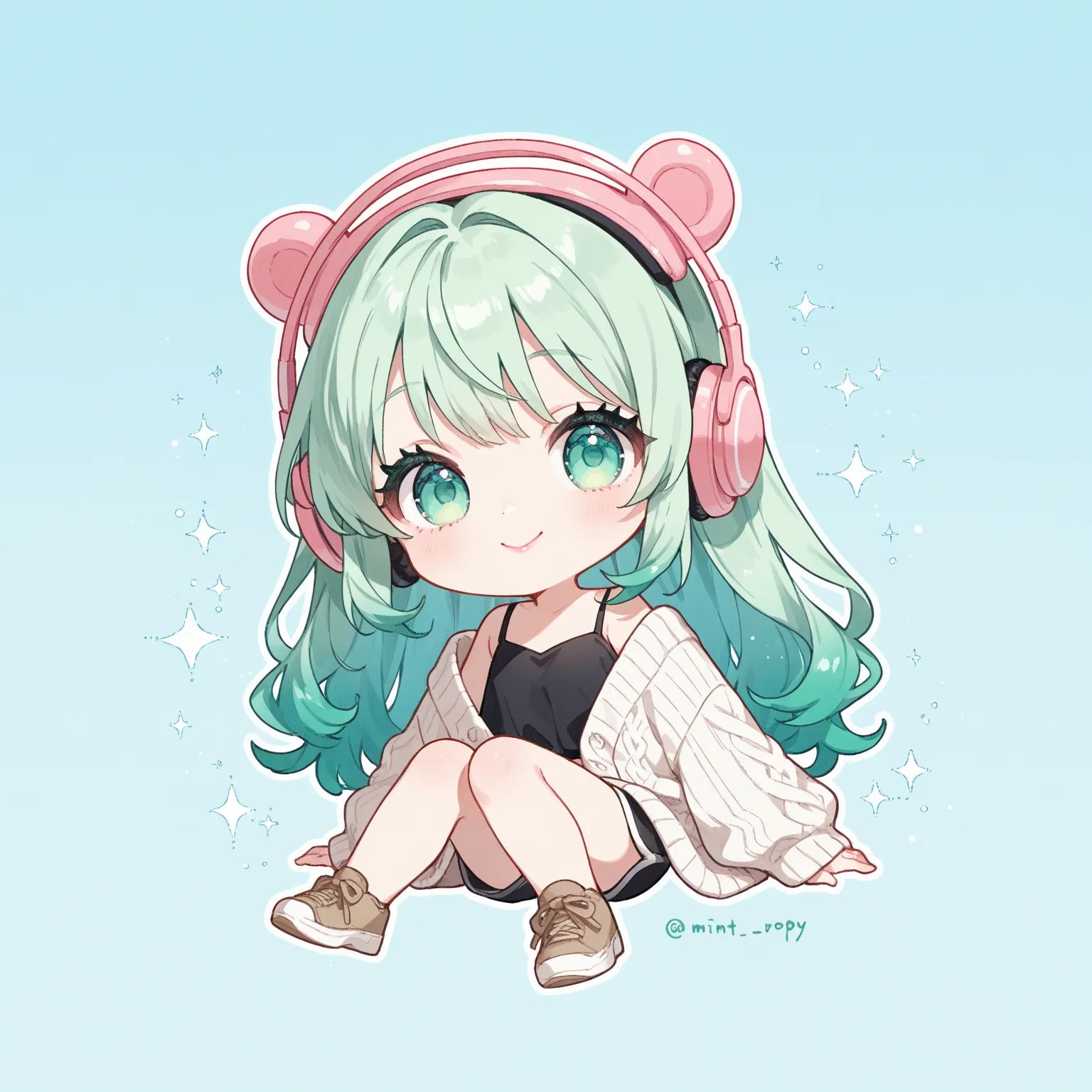 watercolor、fluffy、cute face、 sit、headphones、mint green hair、mintgreen gradient hair、long hair 、mint green eye、Glittering eyes、 Black Camisole、black shorts、brown sneakers、white knit cardigan、small lips、pink lips、 from afar、high quality,( 1girl ), chibi,Alon...