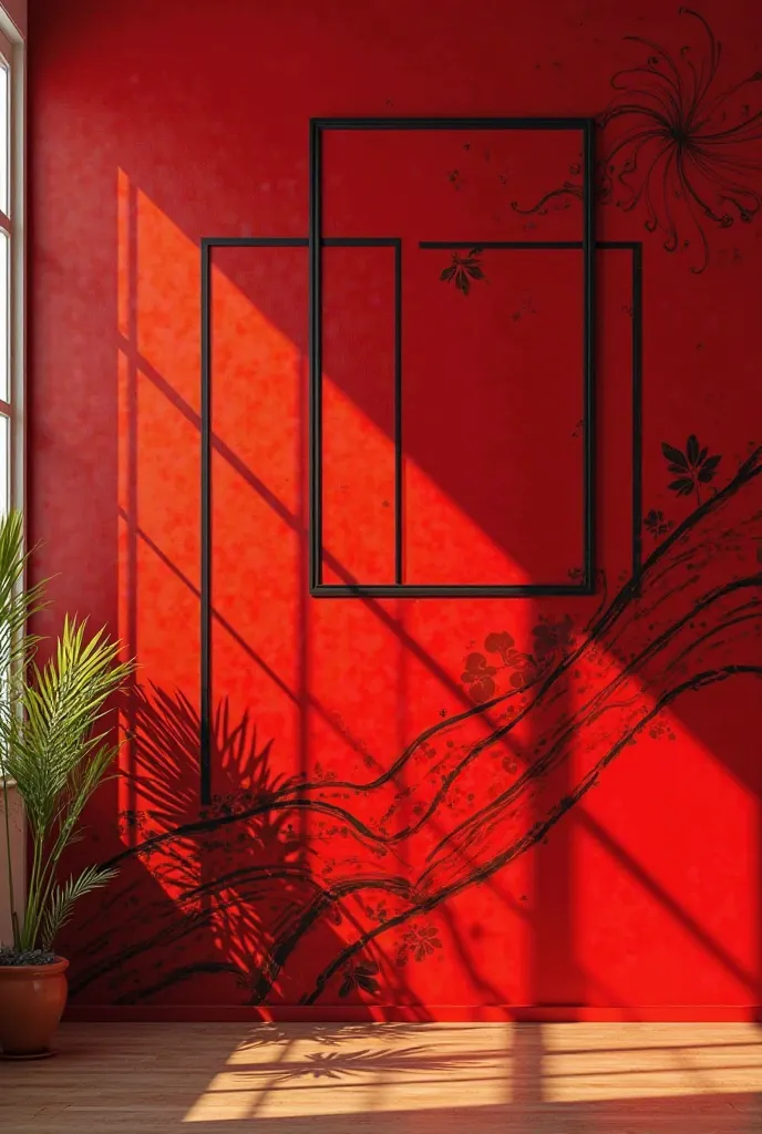 Wall painted in red and black with frames and deco 