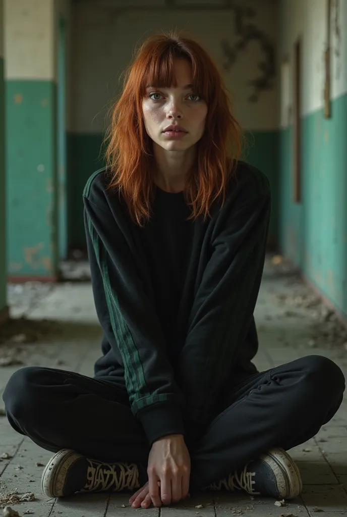 A  with chestnut hair who has lost her thoughts in life having a dead look sits in the middle of an abandoned haunted urbex she must be dressed in a black short blouse with dark green stripes. Black sweatshirt and shaved trousers also black