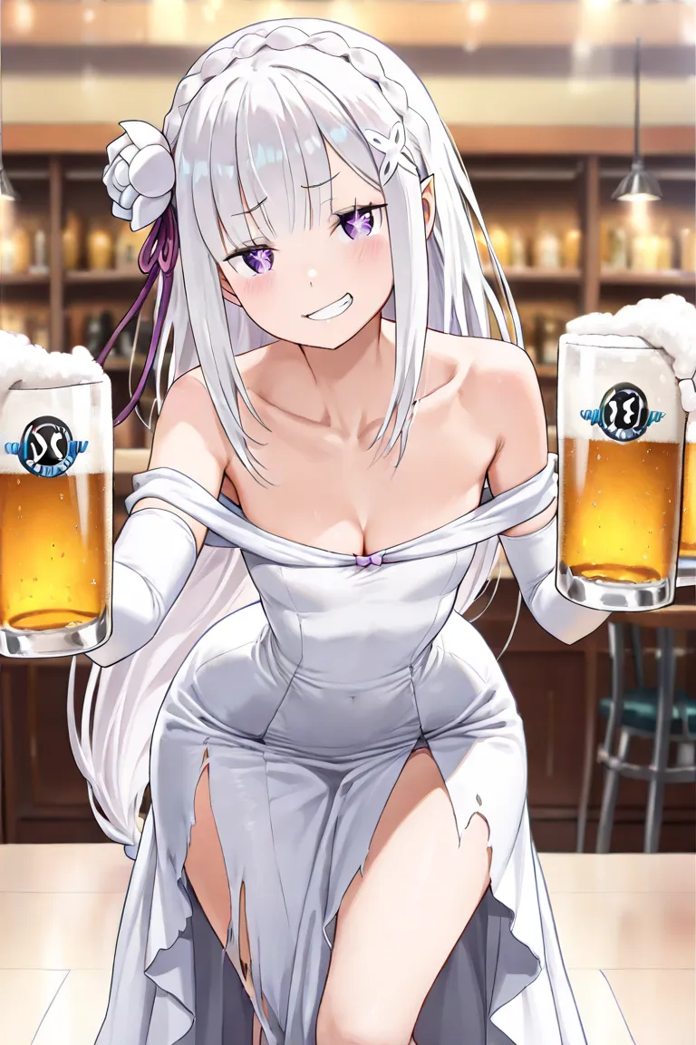 (masterpiece:1.2), (best quality:1.2), newest, intricate details, perfect anatomy,  1girl :1.2, (Emilia (re:Zero):1.2), ((plain white wedding dress:1.1, long dress:1.2, off-shoulder dress:1.5, sleeveless:1.3, front slit:1.3, torn dress skirt:1.4, white elb...