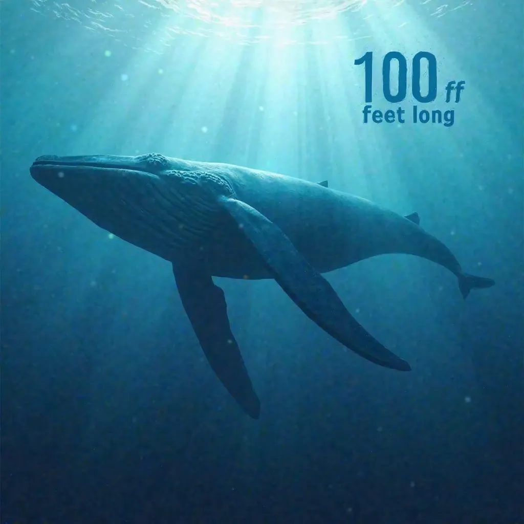 An underwater shot of a blue whale, emphasizing its size with '100 Feet Long' text in the background, making it clear how large this animal is.