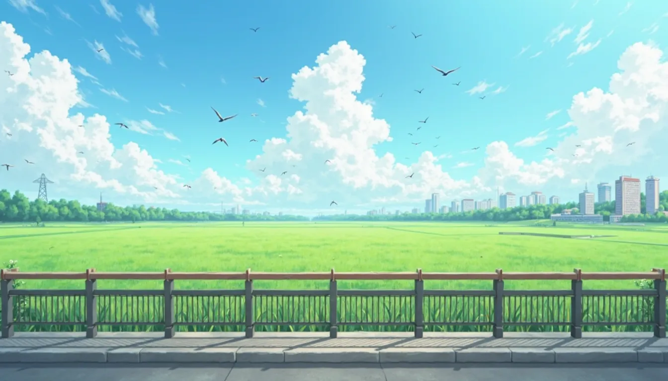 looking over Bridge railing, green rice crops, sunny day, birds in sky, large clouds, grass land, 2.5d, no people, city in distance, anime style