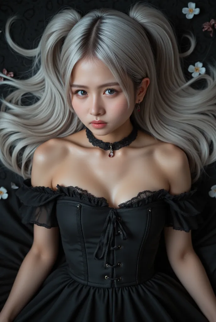 Photorealistic, 8k, bare body, small breast, bare chest, a mesmerizing anime-style elf girl with long, silvery-white twin tails, lying on an elegant dark floral-patterned fabric. She has soft eyes that gaze gently, framed by delicate, pointed ears adorned ...