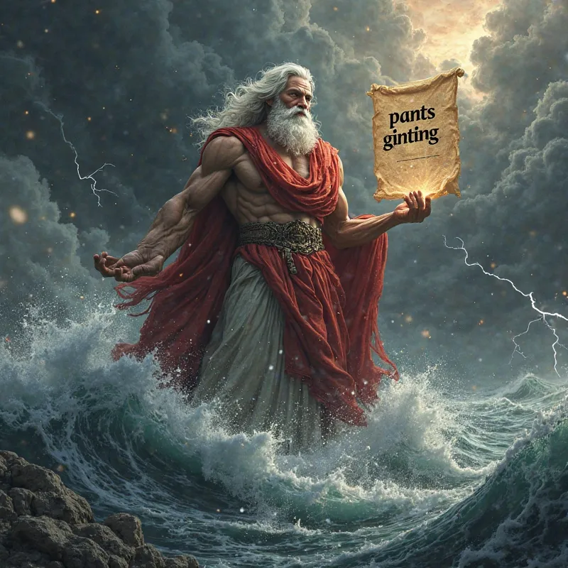 Make me a picture of Zeus holding a paper that says "Pants Ginting" with a combination of black red and gold, with the background of a sea of storm waves with lightning and black clouds