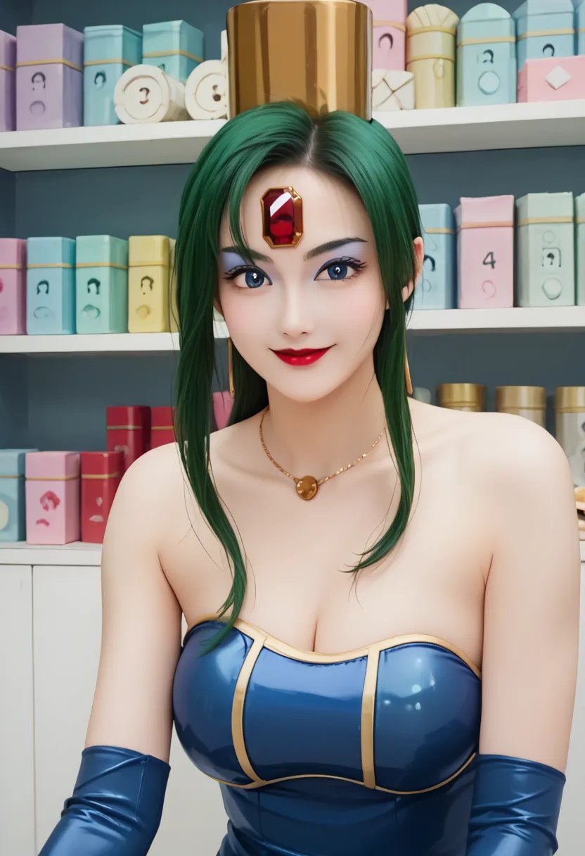 score_9,score_8_up  ,score_7_up  ,very beautiful lady,    Masterpiece,    Hi-Res,   raw photo, , realistic photo ,,1 girl, , slim , ,   green hair,  white skin , Red gem on forehead, ,  red lipstick,   eyeshadow , very huge breasts,  blue eyes,   Blue late...