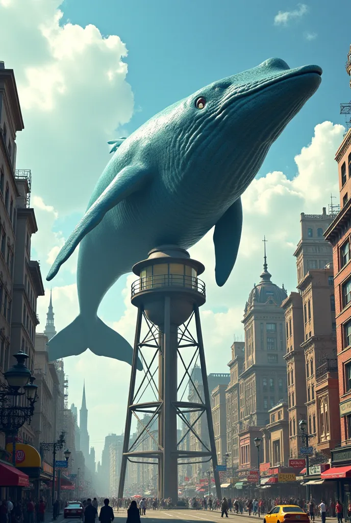 He drew a water tower in the center of a city with a huge whale on its surface