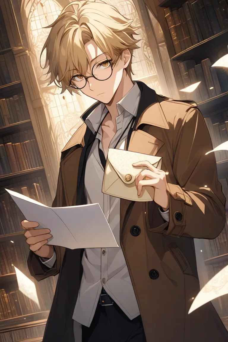 Anime art of a young man with thin, with sophisticated facial features,  with permeability with a cold ,  with light brown eyes , wearing round glasses. He has slightly disheveled blond hair. He is wearing an elegant coat over a white shirt. He is holding ...