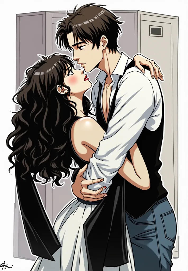 Manhwa characters. A white man with gray brown eyes and medium large black hair, dressed with white shirt and jeans. A woman with light tan skin and big black curly hair and black eyes, dressed in white skirt and black tank top. They are in a school hallwa...