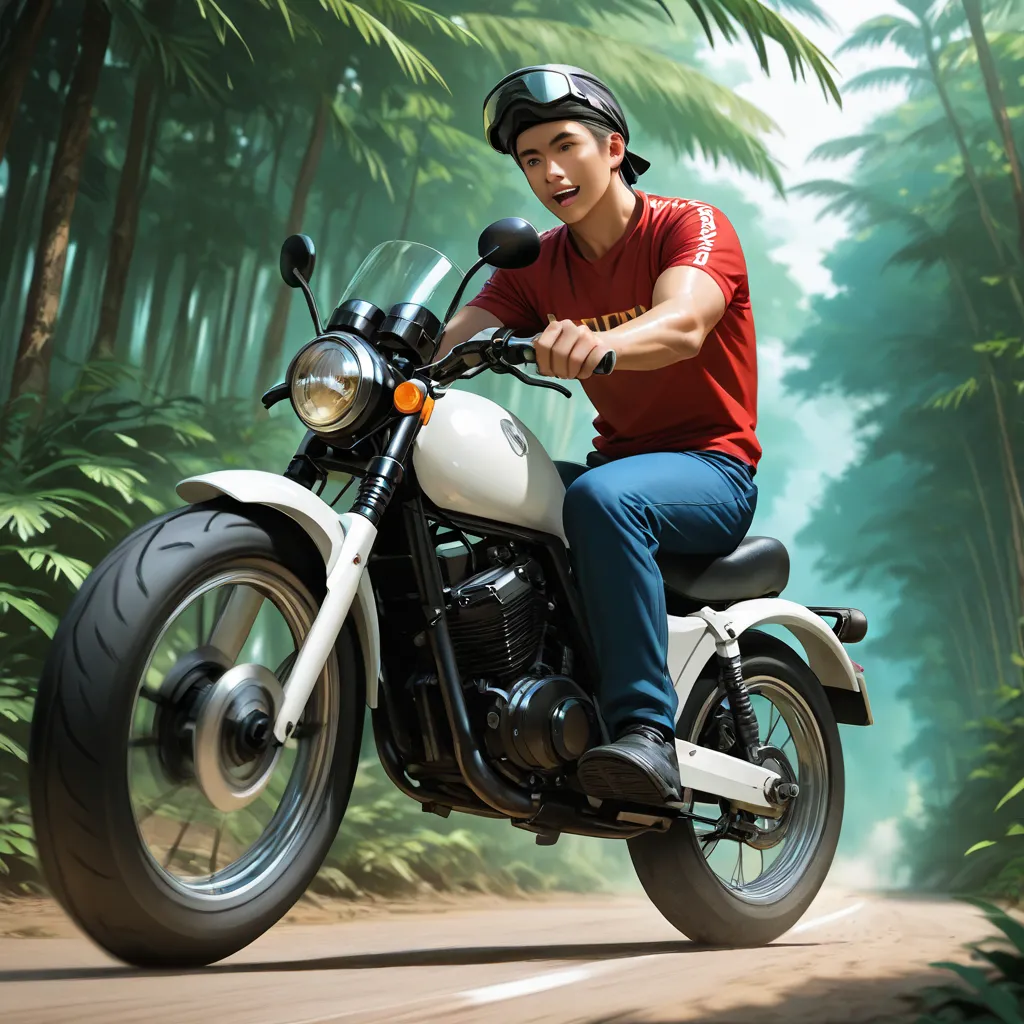 Realistic man driving bike in jungle