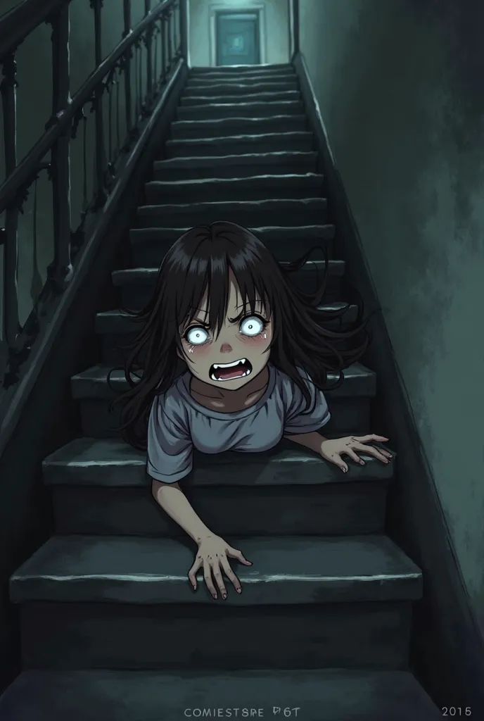 Girl thrown down the stairs crying in animation