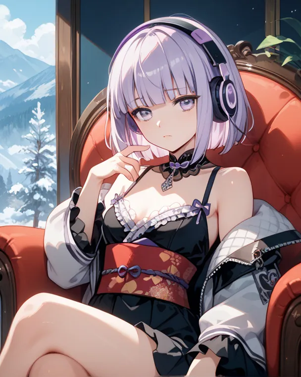 best quality,,1 young woman,,slender body,Short stature,(light purple hair:1.2),Medium Hair,hime cut,hairs between eyes,sad eyes,small breasts,,,Headphones,obi,spring,Confident pose in front of glamorous gothic style background. Belt. Jeweled jacket. Emper...