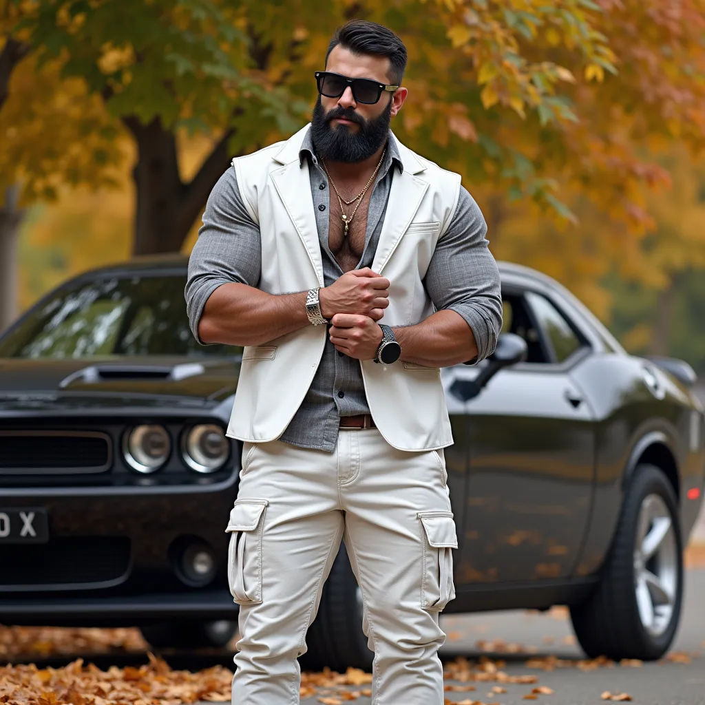 This photograph captures a young man with an exceptionally muscular large physique, hyper realistic man,, legs and chest and a neatly trimmed beard. Hairy chest, The man is dressed in a crisp, wearing unbuttoned grey  check  shirt, white leather styled bla...