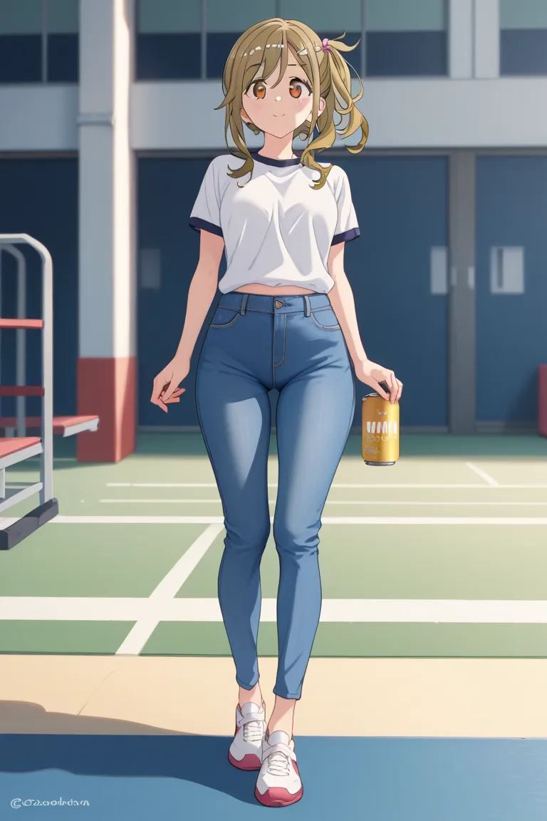 NSFW,Inuyama Aoi,High Resolution, full body,top quality, seductive expression, white gym shirt、The white bra can be seen through from under the gym clothes、fitted dark blue jeans、big ass、しゃがんでopens her legs、 crouch、opens her legs、 open、This way、This way