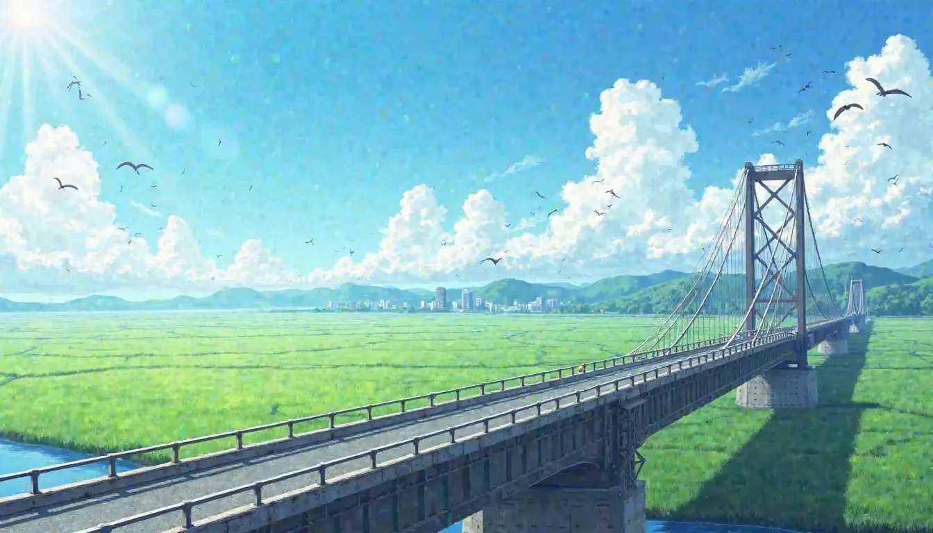 looking over side of large Bridge, railing, green rice crops, sunny day, birds in sky, large clouds, grass land, 2.5d, no people, city in distance, anime style