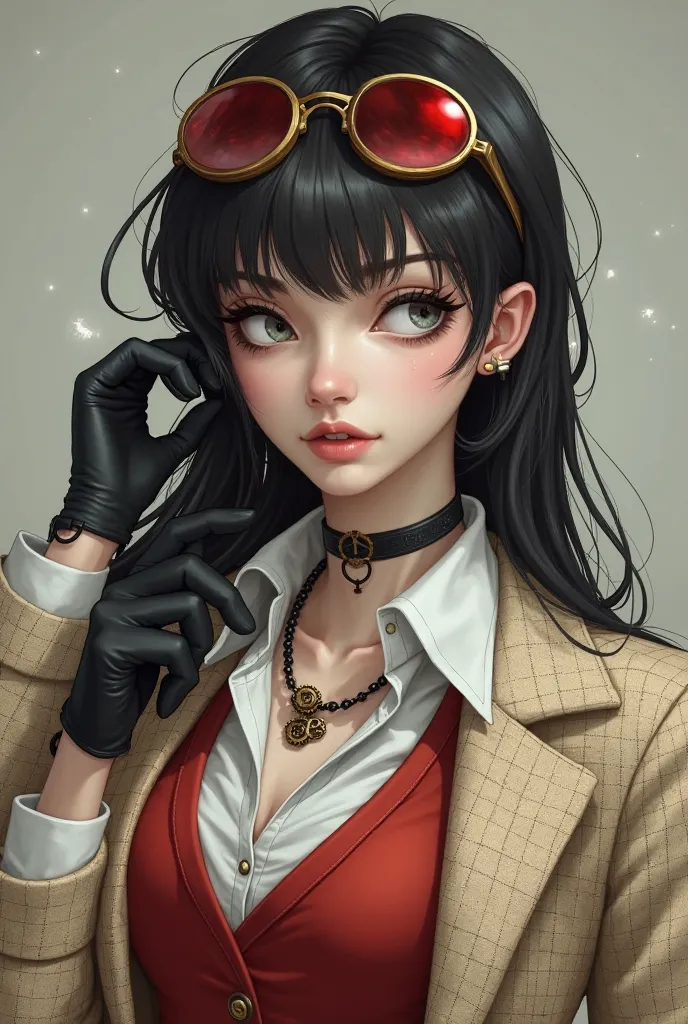 Woman in her 20s with dark hair and some white spots in the corner of her hair, a white eye and a red, Antique aviator glasses in her hair, white skin with a white shirt, wearing a red vest, wearing a necklace with two gears, black gloves and an antique be...