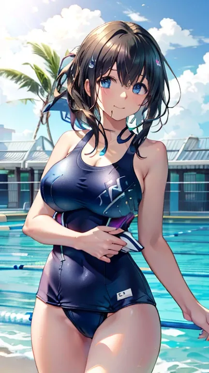 (8k、Best im age quality、top quality、masterpiece)、detailed face、1 girl、、Evil Smile、cowboy shooting、blue sky、Pool Background, (Big Breasts:1.6),  (:0.8) (Camel Toes:1.2), ( realistic swimsuit:1.6), ( high-cut swimsuit with closed mouth:1.6), (ONE PIECE SWIMS...