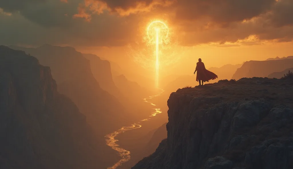 A lone warrior stands on the edge of a high mountain cliff at sunrise, his silhouette facing the endless sky, symbolizing struggle and faith. A golden divine light breaks through the dark storm clouds, illuminating his path, representing God's unseen prese...