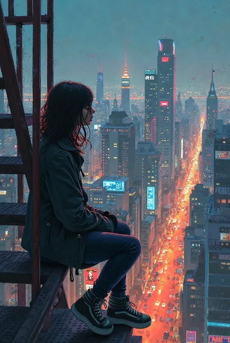 create an image showing of a girl alone sitting in a steel stairs outside the building, showing city lights, make it modern painting 