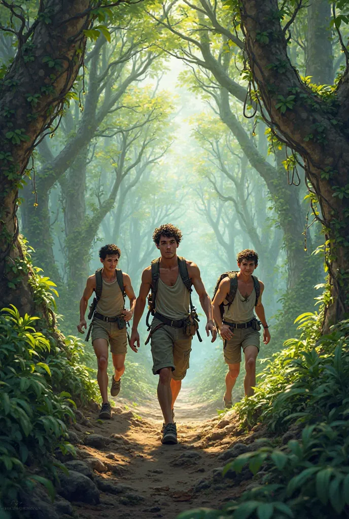 3 young man going in jungle 