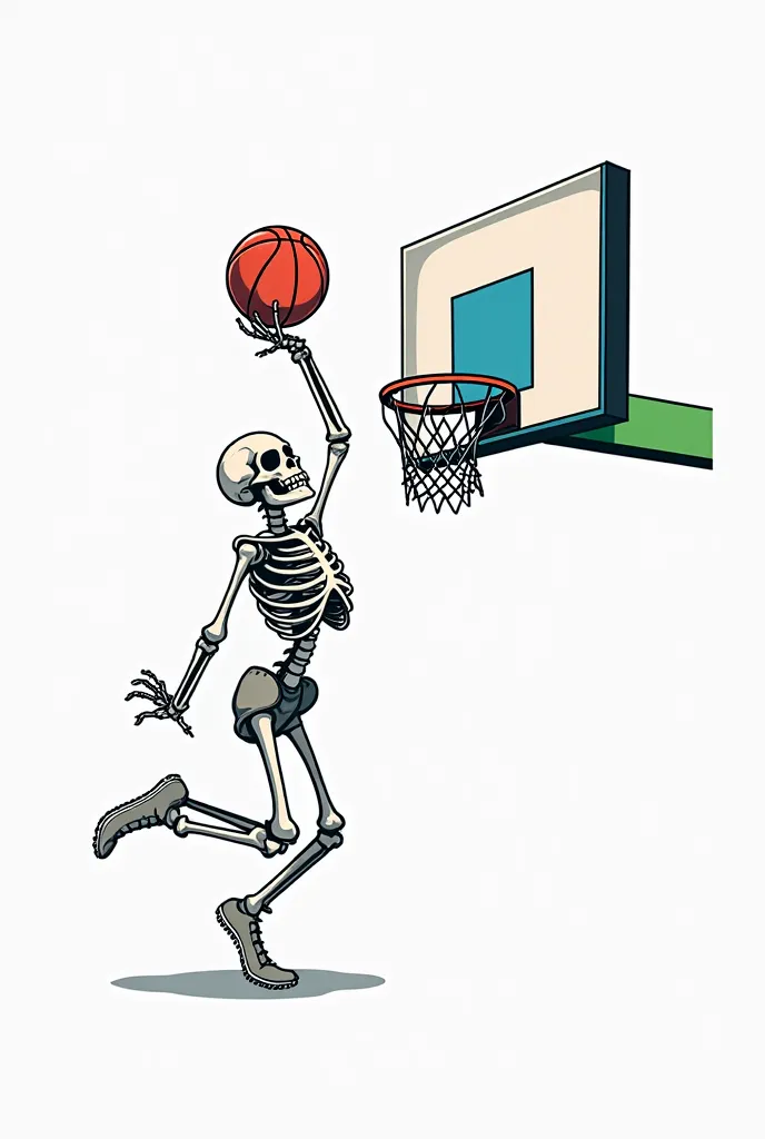 "A bold, modern t-shirt design featuring a cartoon-style skeleton playing basketball. The skeleton is mid-air, performing a slam dunk with a red basketball, its bony arm stretched high. The basketball hoop has a backboard with a simple geometric design — a...