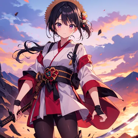 masterpiece, best quality, Ultra High Definition, Japanese Anime Style,, girls,   black hair,  low ponytail , Straw Braided Hat, Samurai costume, Sword on waist, Desolate Mountain Road,