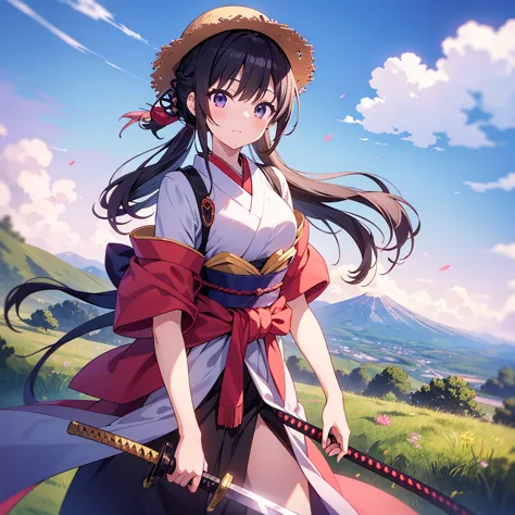 masterpiece, best quality, Ultra High Definition, Japanese Anime Style,, girls,   black hair,  low ponytail , Straw Braided Hat, Samurai costume, Sword on waist, Desolate Mountain Road,