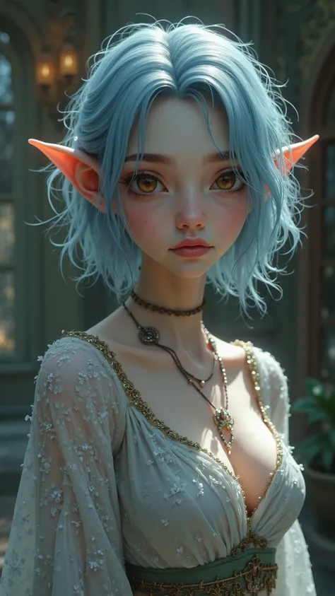 almost full height realisitc Half-elf half-kobold young woman. Her skin is pale white. Her  hair is light blue color. haircut is short, but girlish. Her eyes is big and has color of hazel. Her lips are plump. She standing in a room with soft light. 