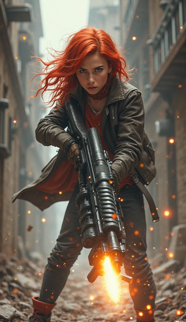 A girl with red hair shoots from a 6-barrel minigun