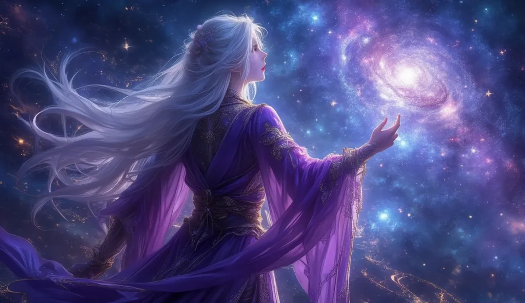 Image is a digital fantasy artwork featuring a mystical figure with long, flowing white hair cascading down their back. The figure is dressed in an elaborate, deep purple robe adorned with gold accents, creating a regal appearance. The robe's fabric appear...