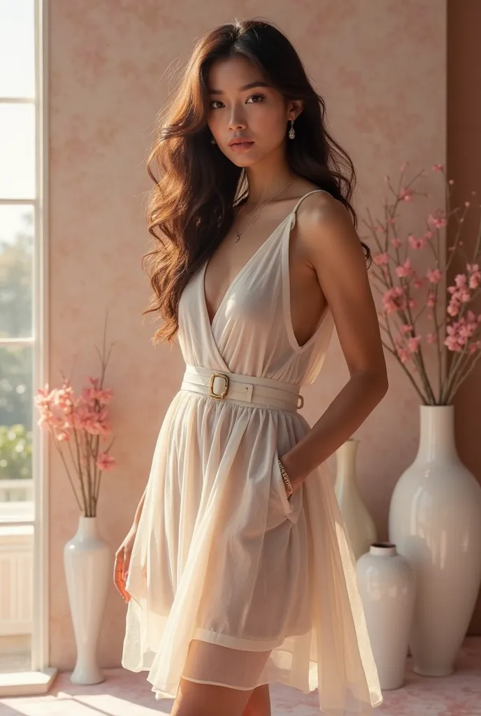 A fashionable woman with long, wavy hair stands elegantly in front of a modern, minimalist background with soft, muted pastel tones. She wears a chic sleeveless dress with a belted waist and a flowing, sheer outer layer. Her expression is poised and confid...