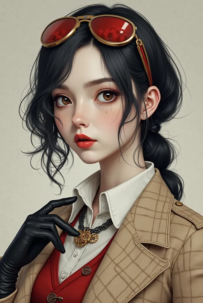 Woman in her 20s with dark hair and some white spots at the corner of her hair, a white eye and a red, Antique aviator glasses in the hair with bands that connect it to the head, white skin with a white shirt, wearing a red vest, wearing a necklace with tw...