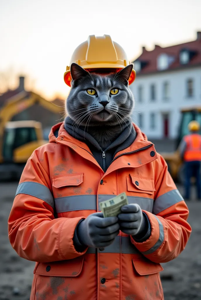 A gray cat Where he is wearing a very dirty safety jacket and a safety helmet on his head.And in the background, construction equipment and buildings.He finished his work in the evening and received money from his employer and counted it in his hands.